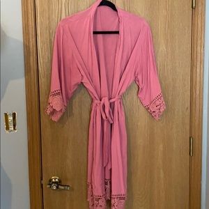 Pink Cotton Robe with Lace Detail